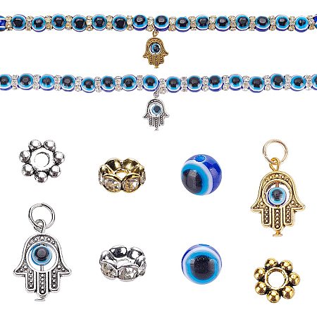 SUNNYCLUE 1 Box Evil Eye Charms Kit 100pcs Evil Eye Resin Beads 20pcs Hamsa Hand Pendants 100pcs Rhinestone Spacer Beads for Jewelry Making Bracelet Necklace