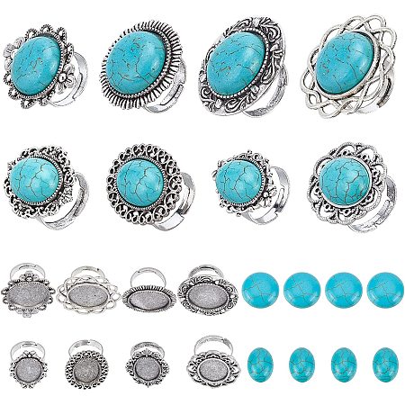 SUNNYCLUE 8 Sets 2 Styles DIY Gemstone Cabochon Ring Setting Including Adjustable Oval Flat Round Ring Blank & Oval Turquoise Cabochons for Women Beginners DIY Ring Jewellery Making Crafts