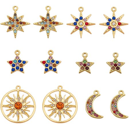 SUPERFINDINGS 12pcs 6 Styles Alloy Rhinestone Pendants Golden Eight Pointed Star Charms Rhinestone Planet Starry Charms Dangle Pendants for Bracelets Necklaces Earrings Jewelry Making