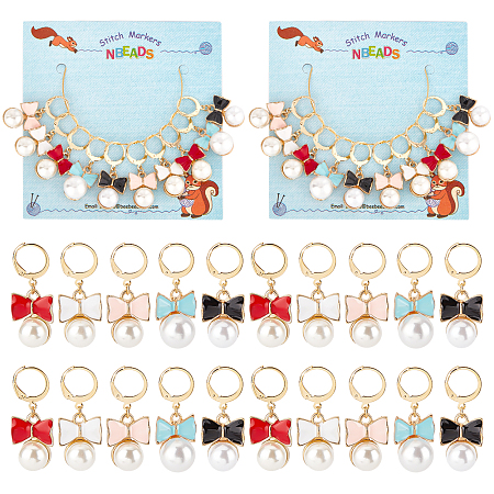 NBEADS Alloy Enamel Bowknot Locking Stitch Markers, with Golden Tone 304 Stainless Steel Ring, with Resin Imitation Pearl Beads, Mixed Color, 3.5cm, 5 colors, 2pcs/color, 10pcs/set