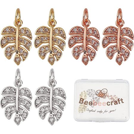 Beebeecraft 6Pcs 3 Colors Monster Leaf Charms Cubic Zirconia Hollow Tropical Leaf Pendants with Jump Ring for Bracelet Necklace Jewelry Making