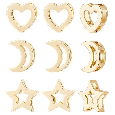 BENECREAT 12Pcs 3 Style Brass Slide Charms, Long-Lasting Plated, Star & Moon & Heart, Real 18K Gold Plated, 10~11x8.5~11.5x3.5mm, Hole: 1.5~2x2~5mm, 4pcs/style