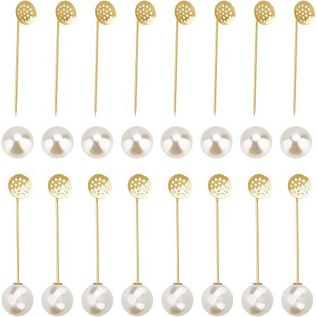NBEADS 20 Sets Golden Tray Lapel Pin, Round Tray Safety Pins with Imitation Pearl Beads Brass Brooch Pins Findings for Men Women Suit Tie Hat Scarf Badge DIY Costume Jewelry Accessories