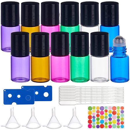 BENECREAT 28 Pack 2ml Colorful Glass Essential Oil Roller Bottles Refillable Perfume Sample Bottles with 2pcs Bottle Openers, 10pcs Droppers, 4pcs Funnels and Sticker for Aromatherapy, Perfumes