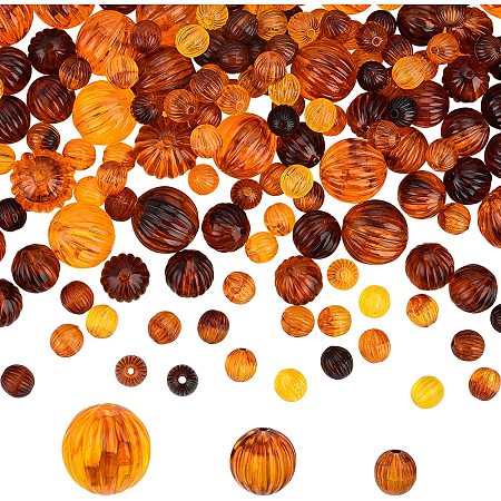 PandaHall Elite 237pcs Acrylic Pumpkins Beads, 3 Colors Fall Corrugated Beads Autumn Table Scatter Vase Filler Bin Filler Loose Spacer Beads for Thanksgiving Halloween Jewelry Making Home Decorations