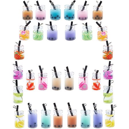 SUNNYCLUE 32Pcs 16 Styles Milk Tea Charms Bulk Colorful Mini Bottle Drinks Resin Fruit Tea Pendants with Pearl Boba Straw for Dangle Earrings Jewelry Making Crafts Supplies Accessories