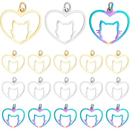 DICOSMETIC 30Pcs 3 Colors Stainless Steel Heart with Cat Shape Filigree Kitten Pendants Hypoallergenic Charms Metal Hollow Flat Smooth Pendants with Jump Rings for DIY Jewelry Making