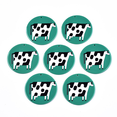 Honeyhandy Acrylic Pendants, 3D Printed, Flat Round with Dairy Cattle Pattern, Green & Black & White, 45x2.5mm, Hole: 1.8mm