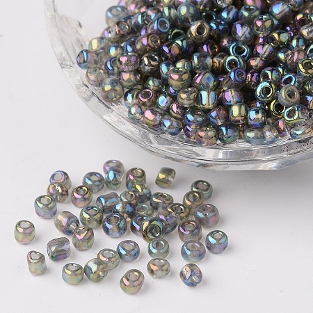 Honeyhandy 6/0 Transparent Rainbow Colours Round Glass Seed Beads, Dark Gray, Size: about 4mm in diameter, hole:1.5mm, about 495pcs/50g