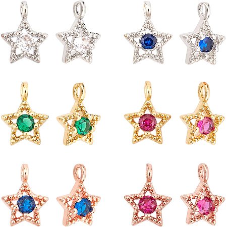NBEADS 12 Pcs 6 Colors Cubic Zirconia Star Charms, Pave Star Charms CZ Charms Brass Charms Gold Plated Charms for Jewelry Making Necklace Bracelet Earring