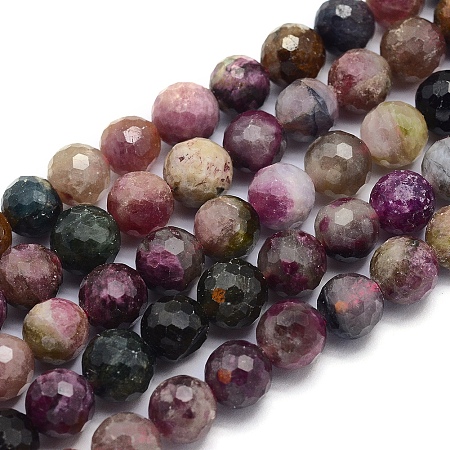 ARRICRAFT Natural Tourmaline Beads Strands, Round, Faceted, 6.5~7mm, Hole: 0.8mm, about 59pcs/strand, 15.3 inches(39cm)