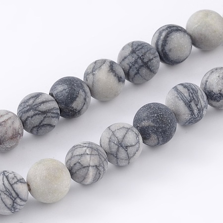 ARRICRAFT Round Frosted Natural Black Silk Stone/Netstone Bead Strands, 8mm, Hole: 1mm, about 46pcs/strand, 15.1 inches