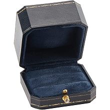 Cardboard Jewelry Storage Box, Rectangle Ring Case with Blue Faux Suede Inside and Brass Clasps, Double Ring Bearer Box for Wedding Engagement Gift Favor, Black, 3.18 x 3.58 x 2.40 Inches