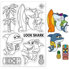 GLOBLELAND 1Sheet Hawaiian Shark Clear Stamp Coconut Trees Transparent Silicone Stamp Summer and Tropical Fruits Clear Stamp for Scrapbook Journal Card Making