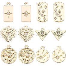 SUNNYCLUE 1 Box 24Pcs 6 Style 18K Gold Plated Charms Evil Eye Charm Micro Pave Stars Rhinestone Moon Heart Love Lucky Charm for Jewelry Making Charms DIY Necklace Earring Bracelet Women Adult Crafts