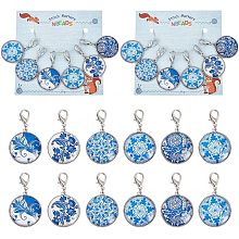 NBEADS 12 Pcs Glass Flat Round with Blue and White Porcelain Pattern Stitch Markers, Zinc Alloy Lobster Claw Clasps Crochet Stitch Marker Charms for Crochet Accessories Quilting Jewelry Making