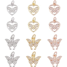 SUPERFINDINGS 12Pcs 2 Style Rhinestone Butterfly Charms Brass Micro Pave Cubic Zirconia Pendants 3 Colors Heart Butterfly Dangle Charm with Jump Rings for Bracelets Jewelry Making, Hole: 2.6mm