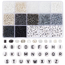 PandaHall Elite DIY Beads Jewelry Making Finding Kit, Including Glass Seed Round & Acrylic Letter Beads, Black and White, 3~4x2~3mm