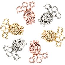 SUNNYCLUE Brass Box Clasps, Multi-Strand Clasps, with Spring Ring Clasps, Flat Round, 3-Strands, 6-Holes, Mixed Color, 24x11x5.5mm, Hole: 2mm, 3 colors, 2sets/color, 6sets/box