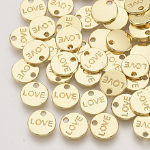 Honeyhandy Alloy Charms, Flat Round with Word Love, Light Gold, 9x1.5mm, Hole: 1.4mm