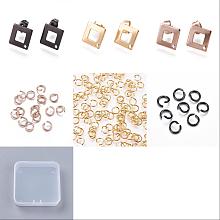 Unicraftale 24Pcs 3 Color 304 Stainless Steel Stud Earring Findings, Rhombus with Hole, with 60Pcs Open Jump Rings, Mixed Color, 13.5x13.5x0.8mm, Hole: 1mm, Pin: 0.7mm, 8Pcs/color