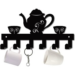 GORGECRAFT Tea Coffee Mug Holder Key Hooks Cast Iron Wall Hanger Coat Rack Wall Mounted Cup Shaped Decorative with 6 Hooks for Tea Bar, Kitchen or Cafe Decor Display and Organizer, Black