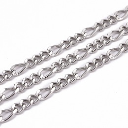 Honeyhandy 304 Stainless Steel Figaro Chains, Decorative Chains, Unwelded, Stainless Steel Color, 5~7x3.5x2mm