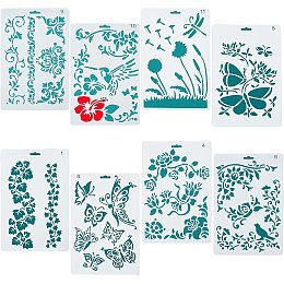 GORGECRAFT 8 Style Plastic Drawing Painting Stencils Butterfly Flowers Birds Ivy Plants Graphics Templates for DIY Arts Cart Making Journaling Scrapbooking Diary, White