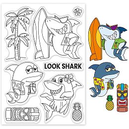 GLOBLELAND 1Sheet Hawaiian Shark Clear Stamp Coconut Trees Transparent Silicone Stamp Summer and Tropical Fruits Clear Stamp for Scrapbook Journal Card Making