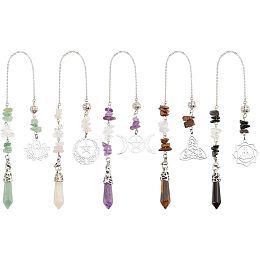 GOAMKERER 5 Pcs Natural Gemstones Pendulum, 5 Styles Crystal Dowsing Pendulum Reki Gemstone Chips Orgone Pendulum for Women Man Divination Wicca Meditation