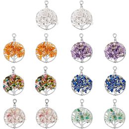 SUPERFINDINGS 14Pcs Alloy Tree of Life Pendants 7 Styles Quartz Gemstone Pendants Natural Mixed Stone Chip Beads Dangle Charms for Necklace Bracelet Jewelry Making,Hole:4~5mm