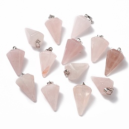 Honeyhandy Cone/Spike/Pendulum Natural Rose Quartz Stone Pendants, with Platinum Plated Iron Findings, 25~27x14x14mm, Hole: 6x3mm