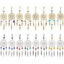 NBEADS 16 Pcs 2 Styles Dreamcatcher Charms, Evil Eye Lampwork Beads Dream Catcher Gemstone Chip Beaded Pendant with Lobster Claw Clasps for Earrings Necklace and Keyring Making