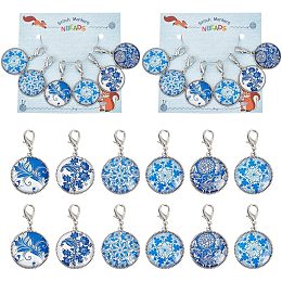 NBEADS 12 Pcs Glass Flat Round with Blue and White Porcelain Pattern Stitch Markers, Zinc Alloy Lobster Claw Clasps Crochet Stitch Marker Charms for Crochet Accessories Quilting Jewelry Making