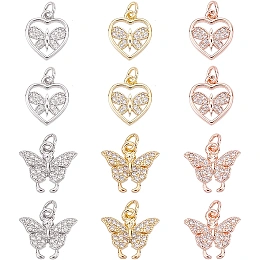 SUPERFINDINGS 12Pcs 2 Style Rhinestone Butterfly Charms Brass Micro Pave Cubic Zirconia Pendants 3 Colors Heart Butterfly Dangle Charm with Jump Rings for Bracelets Jewelry Making, Hole: 2.6mm