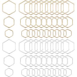 PandaHall Elite 6 Styles Hexagon Earring Charms, 60pcs 14K Gold Open Bezel Charm Hexagon Frame Connector Brass Linking Ring for Necklace Jewelry Making Findings, Golden & Silver