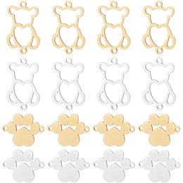 DICOSMETIC 16pcs 2 Styles Golden and Stainless Steel Color Hollow Bear Connectors with Heart Paw Print Pendant Findings Cute Teddy Bear Links for Necklace Bracelet Jewelry DIY,Hole:1.5mm