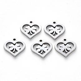 Honeyhandy 201 Stainless Steel Charms, Laser Cut, Heart Ring with Clover, Stainless Steel Color, 13.5x14.5x1mm, Hole: 1.2mm