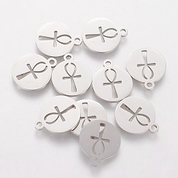 Honeyhandy 201 Stainless Steel Charms, Flat Round with Ankh Cross, Stainless Steel Color, 14x11.7x1mm, Hole: 1.5mm