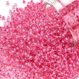 TOHO Round Seed Beads, Japanese Seed Beads, (1082) Inside Color Crystal/Hot Pink Lined, 11/0, 2.2mm, Hole: 0.8mm, about 1103pcs/10g