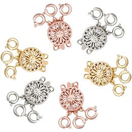 SUNNYCLUE Brass Box Clasps, Multi-Strand Clasps, with Spring Ring Clasps, Flat Round, 3-Strands, 6-Holes, Mixed Color, 24x11x5.5mm, Hole: 2mm, 3 colors, 2sets/color, 6sets/box