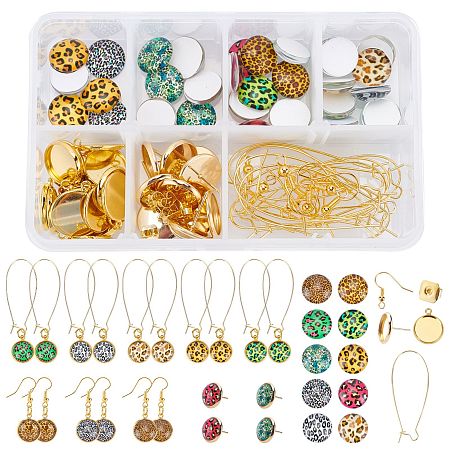 SUNNYCLUE DIY Leopard Print Style Earring Making Kits, include Glass Cabochons, Brass Pendant Cabochon Settings & Earrings Findings, 304 Stainless Steel Stud Earring Settings, Iron Ear Nuts, Golden, Earrings Findings: 30pcs/box
