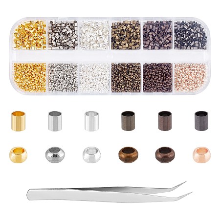 ARRICRAFT Brass Crimp Beads, with 304 Stainless Steel Beading Tweezers, Mixed Color, 2x1.2mm