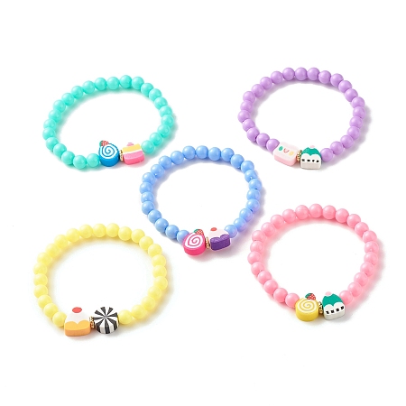 Honeyhandy Candy Color Plastic Round Beaded Stretch Bracelet with Food Shape Polymer Clay for Kid, Mixed Color, Inner Diameter: 1-7/8 inch(4.8cm)