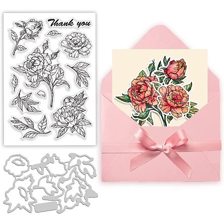 BENECREAT 2pcs Peony Flower and Leaves Clear Stamps with Carbon Steel Cutting Dies Stencils for DIY Scrapbooking, Photo Album Decorative, Cards Making