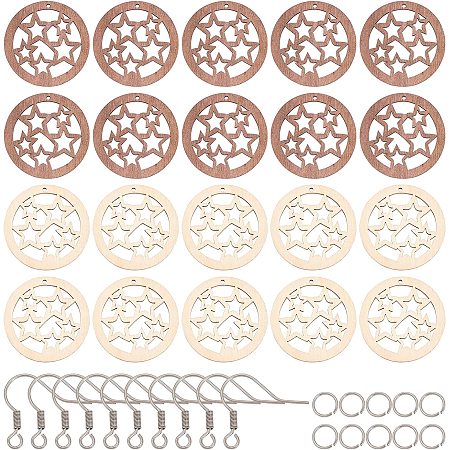 SUPERFINDINGS DIY 30 Pairs Wooden Dangle Earring Making Kits Include 60Pcs Flat Round with Star Wood Pendants Wooden Filigree Pendants and 60Pcs Steel Jump Rings 60Pcs Earring Hooks for DIY Craft