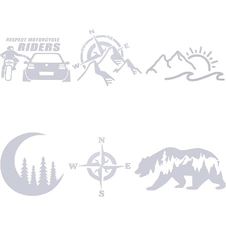 SUPERFINDINGS 6 Sheet 6 Styles Compass Decal Moutains with Compass PVC Sticker Polar Bear Car Sticker Moon with Tree Window Decals for Car Home Wall Decoration