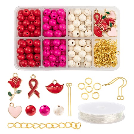 Arricraft DIY Jewelry Set Making Kits for Valentine's Day, Including Synthetic Turquoise Beads, Alloy Enamel Pendants, Iron Earring Hooks & Jump Rings & End Chains, Brass Pin and Elastic Thread, Mixed Color, Beads: 240pcs/box