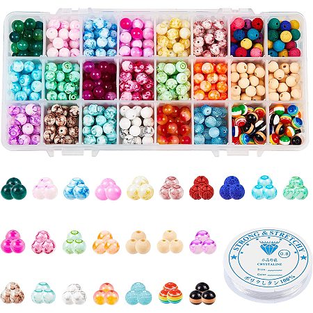 NBEADS About 620 Pcs Glass Beads Wood Beads Spray Painted Glass Beads Resin Beads with Elastic Crystal Thread for Bracelet Necklace Jewelry Making