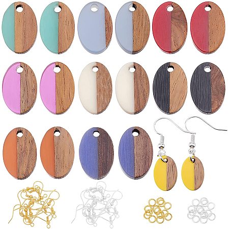 OLYCRAFT 18Pcs DIY Walnut Wooden Dangle Earring Making Kits Oval Resin Walnut Wood Pendants 9 Colors Drop Earring Making Kit With Brass Earring Hooks Jump Rings for Jewelry Making